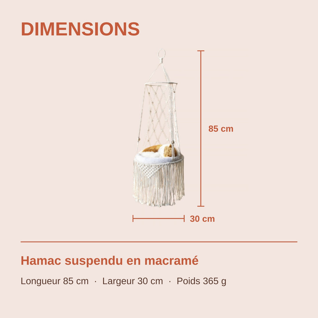 Dimensions du hamac en macramé : 85 cm x 30 cm