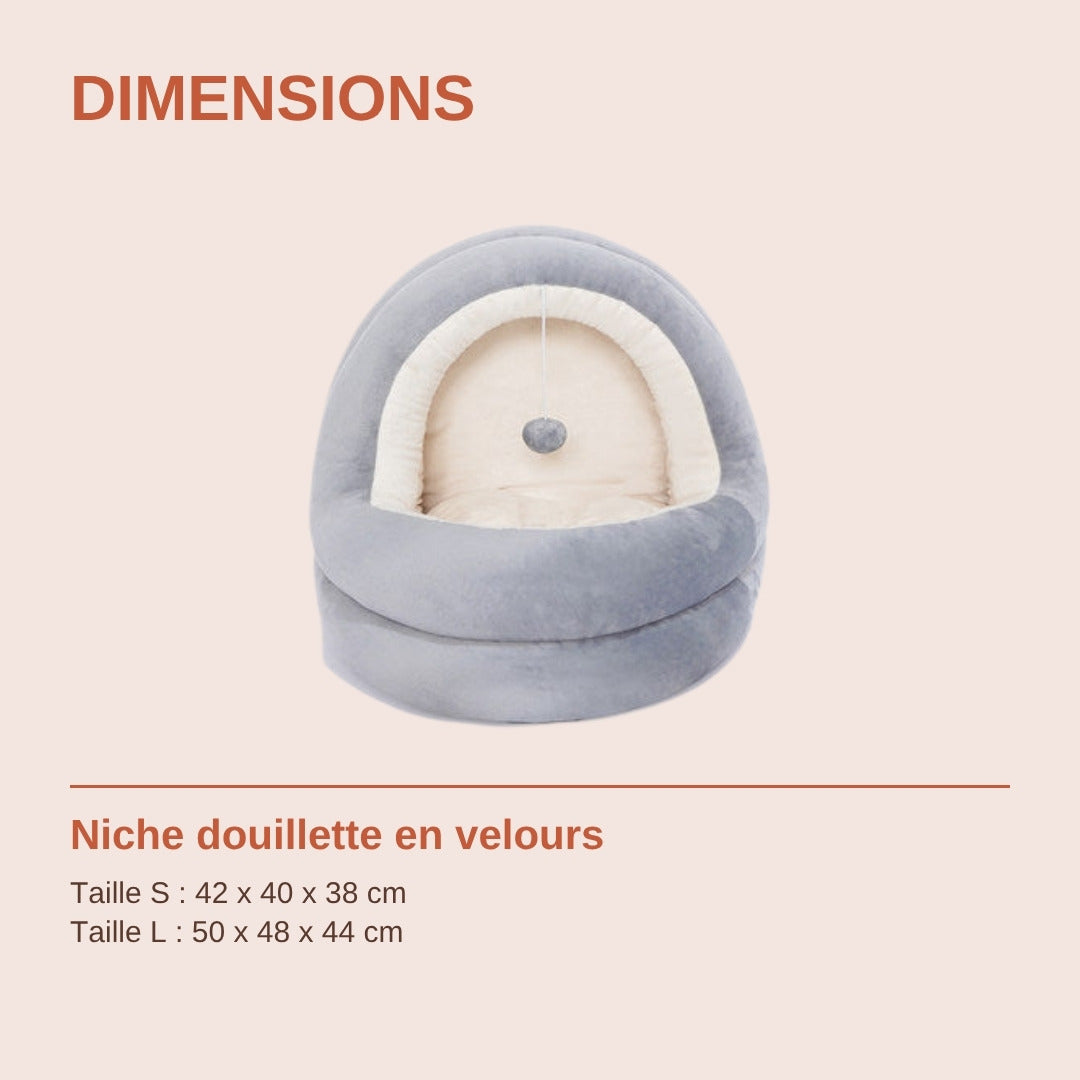 Dimensions de la niche : taille S 42 x 40 x 38 cm, taille L 50 x 48 x 44 cm