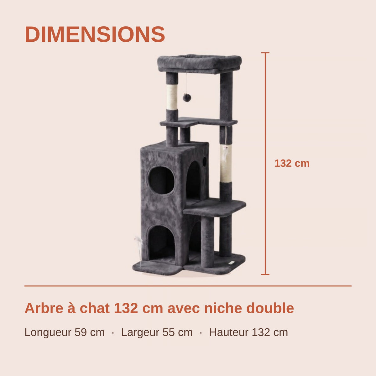Dimensions de l'arbre à chat : 59 x 55 x 132 cm