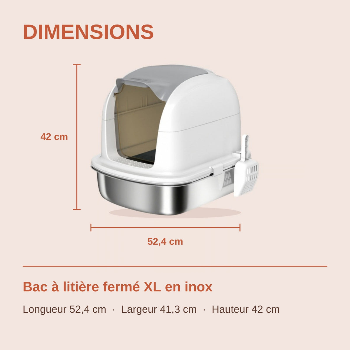 Dimensions du bac à litière inox XL : 52,4 x 41,3 x 42 cm
