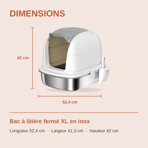 Dimensions du bac à litière inox XL : 52,4 x 41,3 x 42 cm