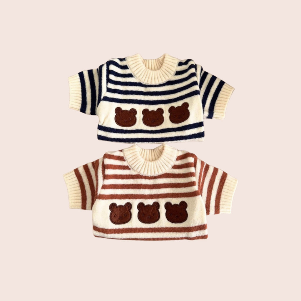 Pull rayé en maille pour chien, détail motif oursons